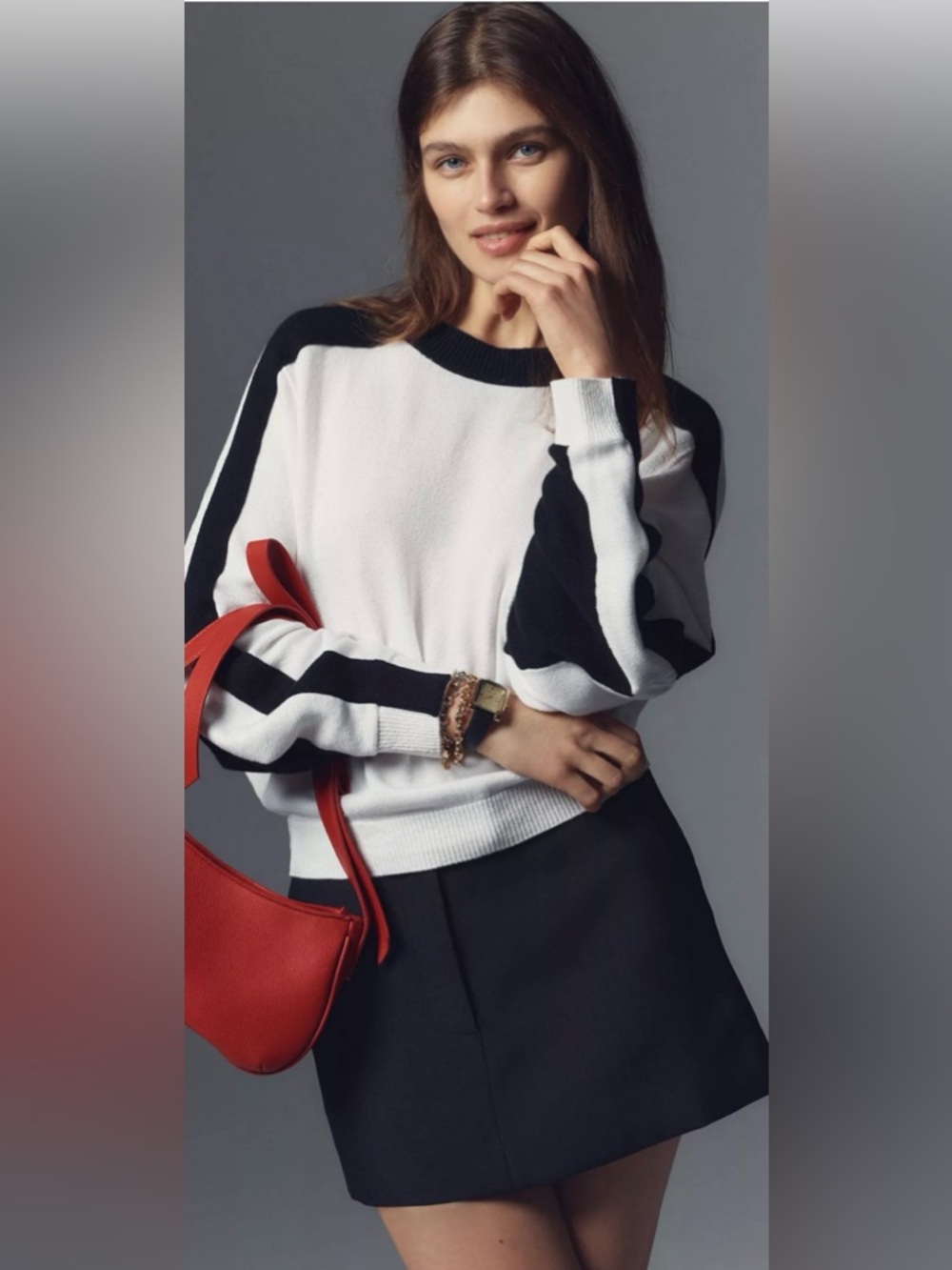 Maeve Dolman Sleeve Black Crewneck Colorblock Sweater - Black and White